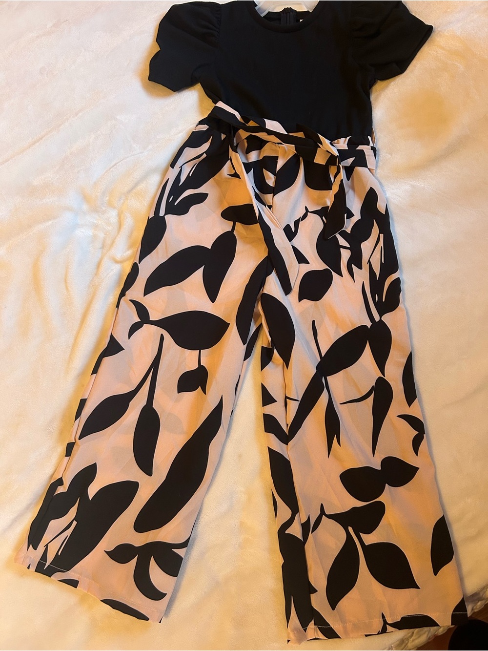 Black Top with Blush Tan & Black Leaf-Print Wide Leg Jumpsuit